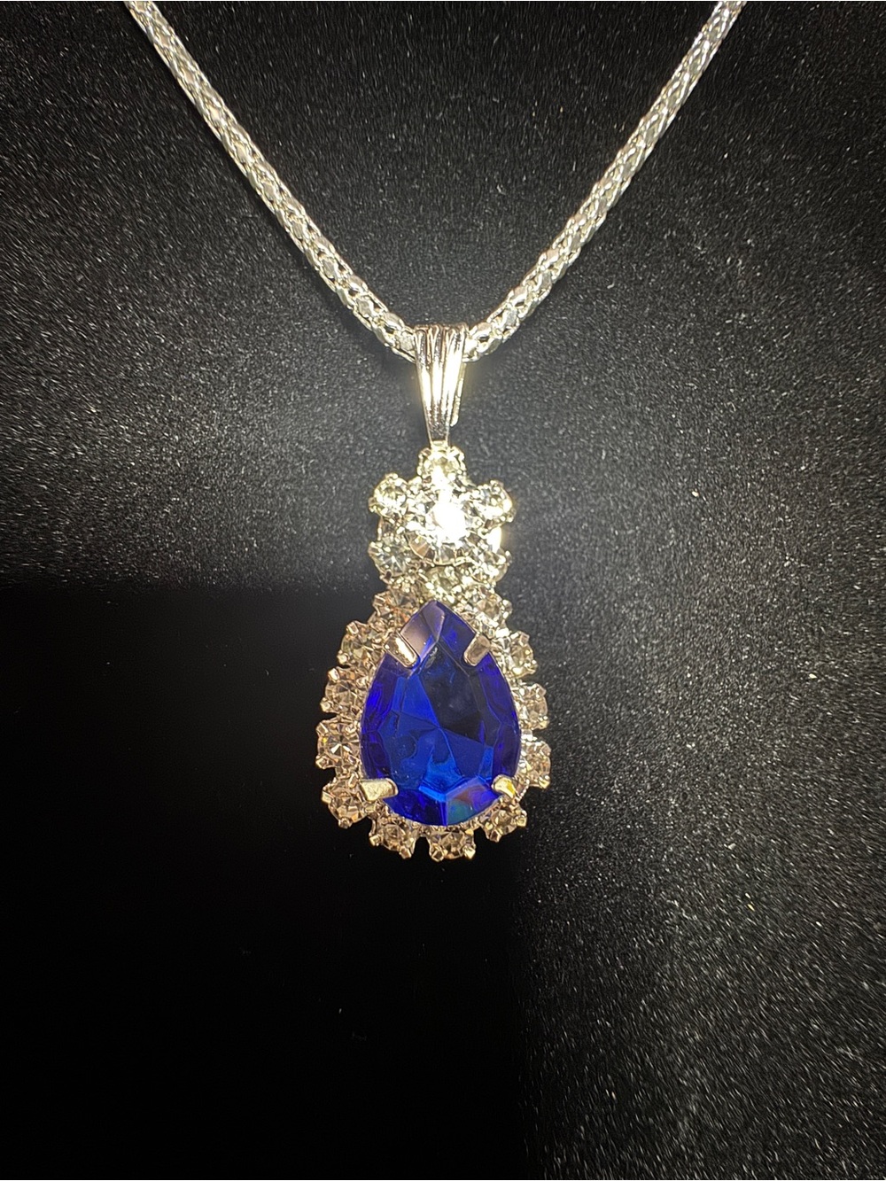 Silver Necklace with Blue Teardrop Pendant - Picture 2 of 6